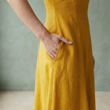 Yellow Cotton Flax Paneled A-Line Midi Dress