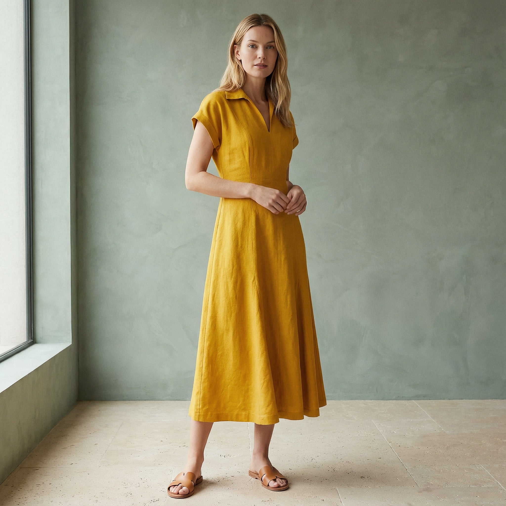 Yellow Cotton Flax Paneled A-Line Midi Dress