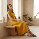 Yellow Cotton Flax Paneled A-Line Midi Dress