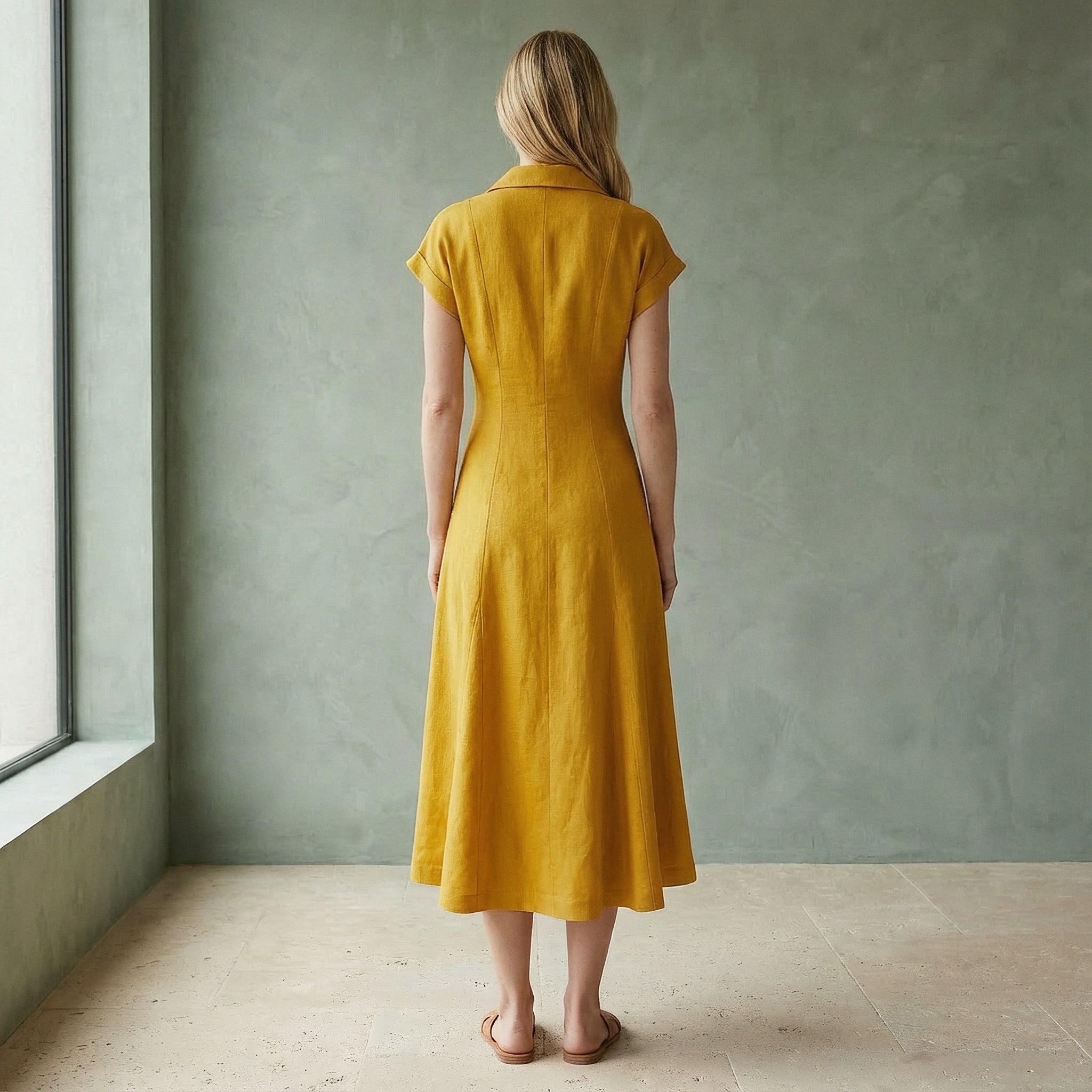 Yellow Cotton Flax Paneled A-Line Midi Dress