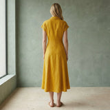 Yellow Cotton Flax Paneled A-Line Midi Dress