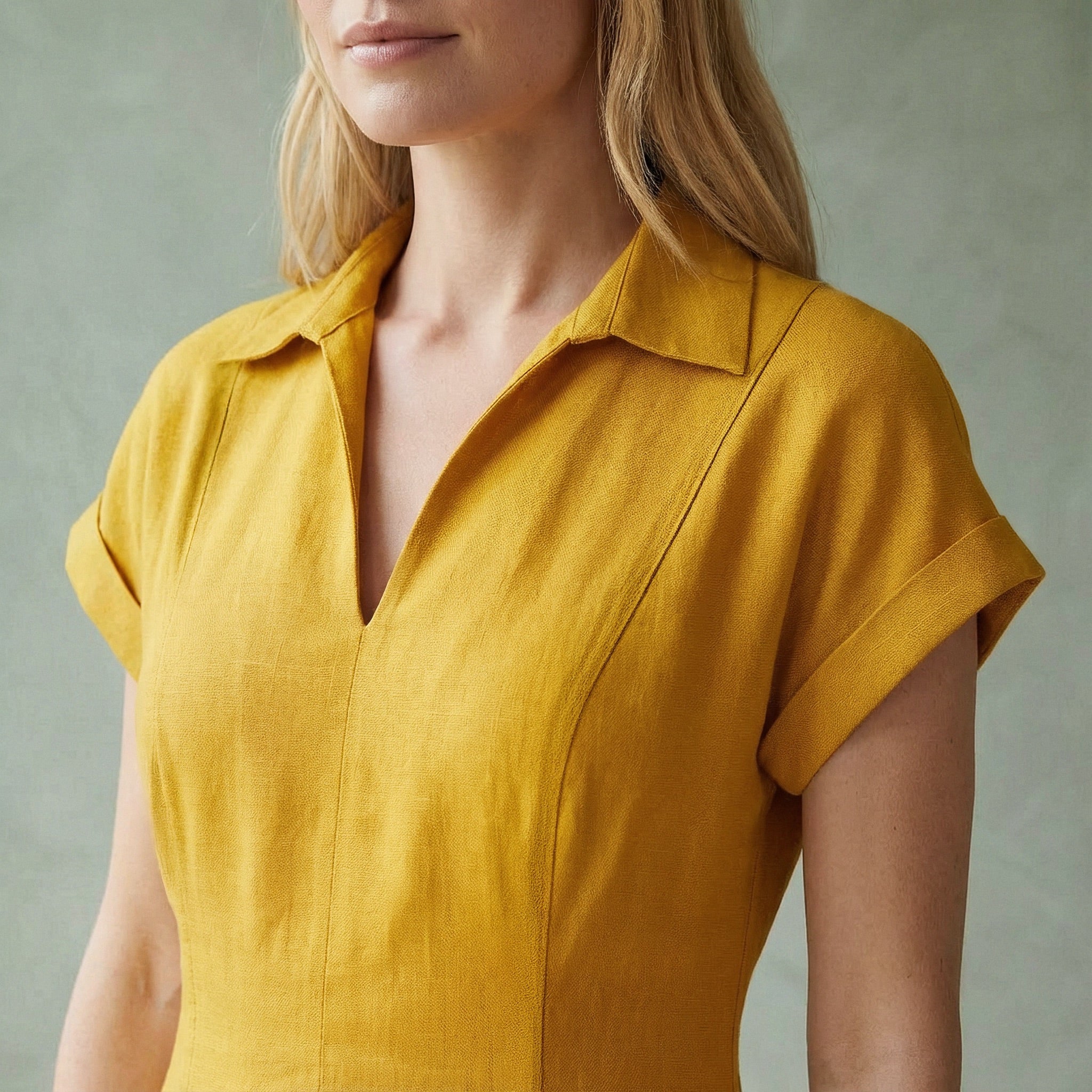 Yellow Cotton Flax Paneled A-Line Midi Dress
