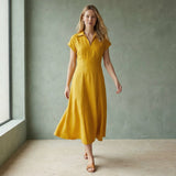 Yellow Cotton Flax Paneled A-Line Midi Dress