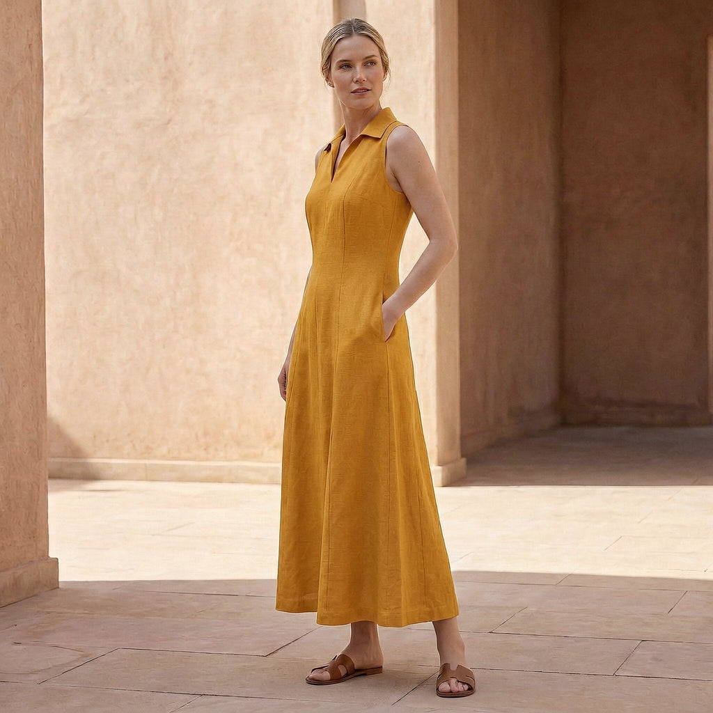 Yellow Cotton Flax Paneled Sleeveless Maxi Dress