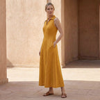 Yellow Cotton Flax Paneled Sleeveless Maxi Dress