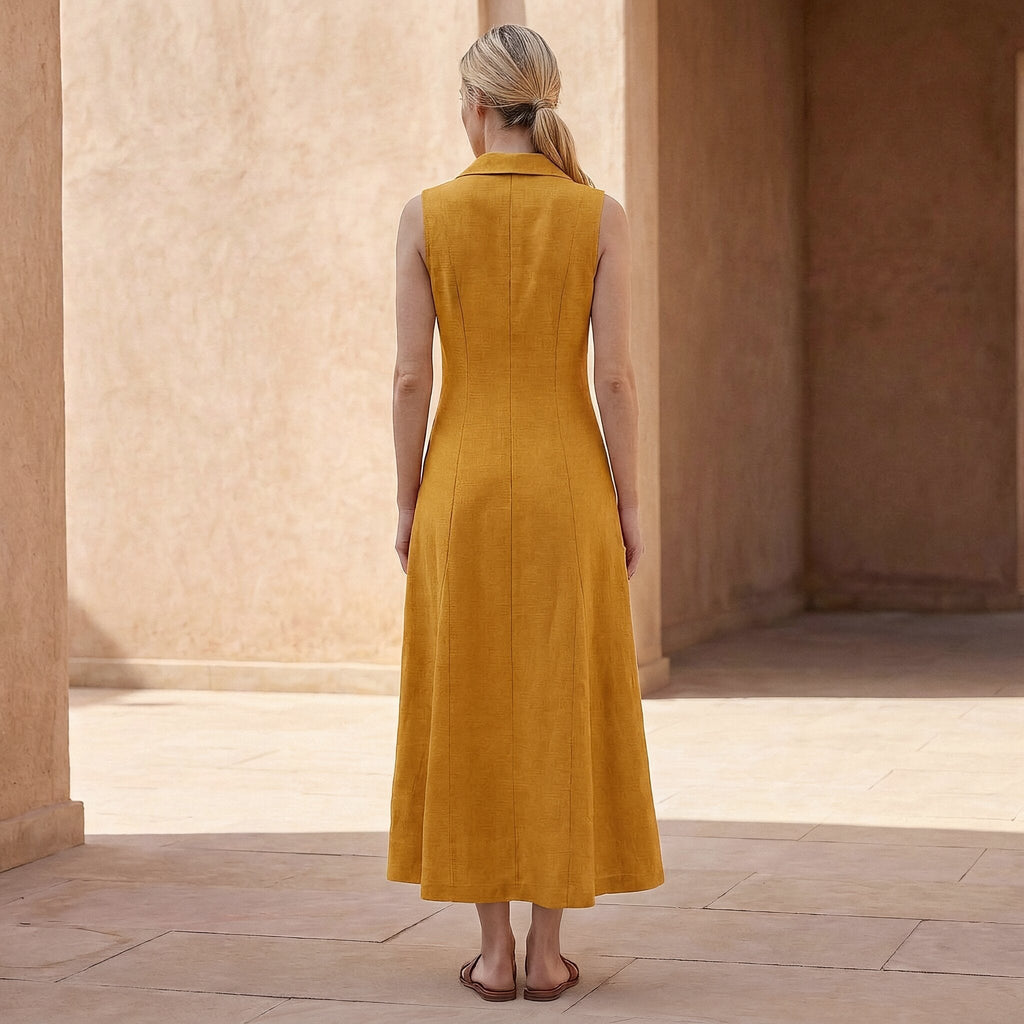 Yellow Cotton Flax Paneled Sleeveless Maxi Dress
