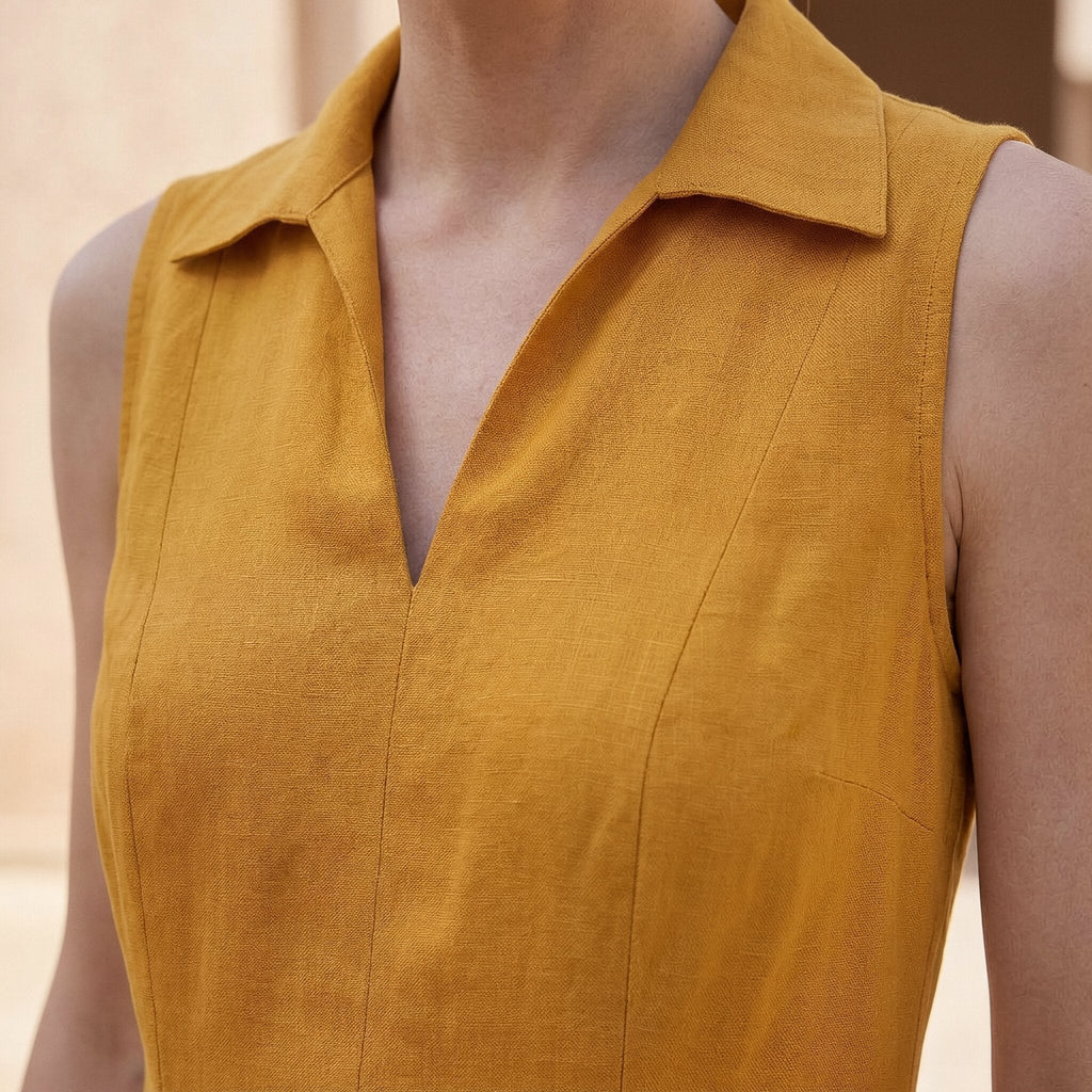 Yellow Cotton Flax Paneled Sleeveless Maxi Dress