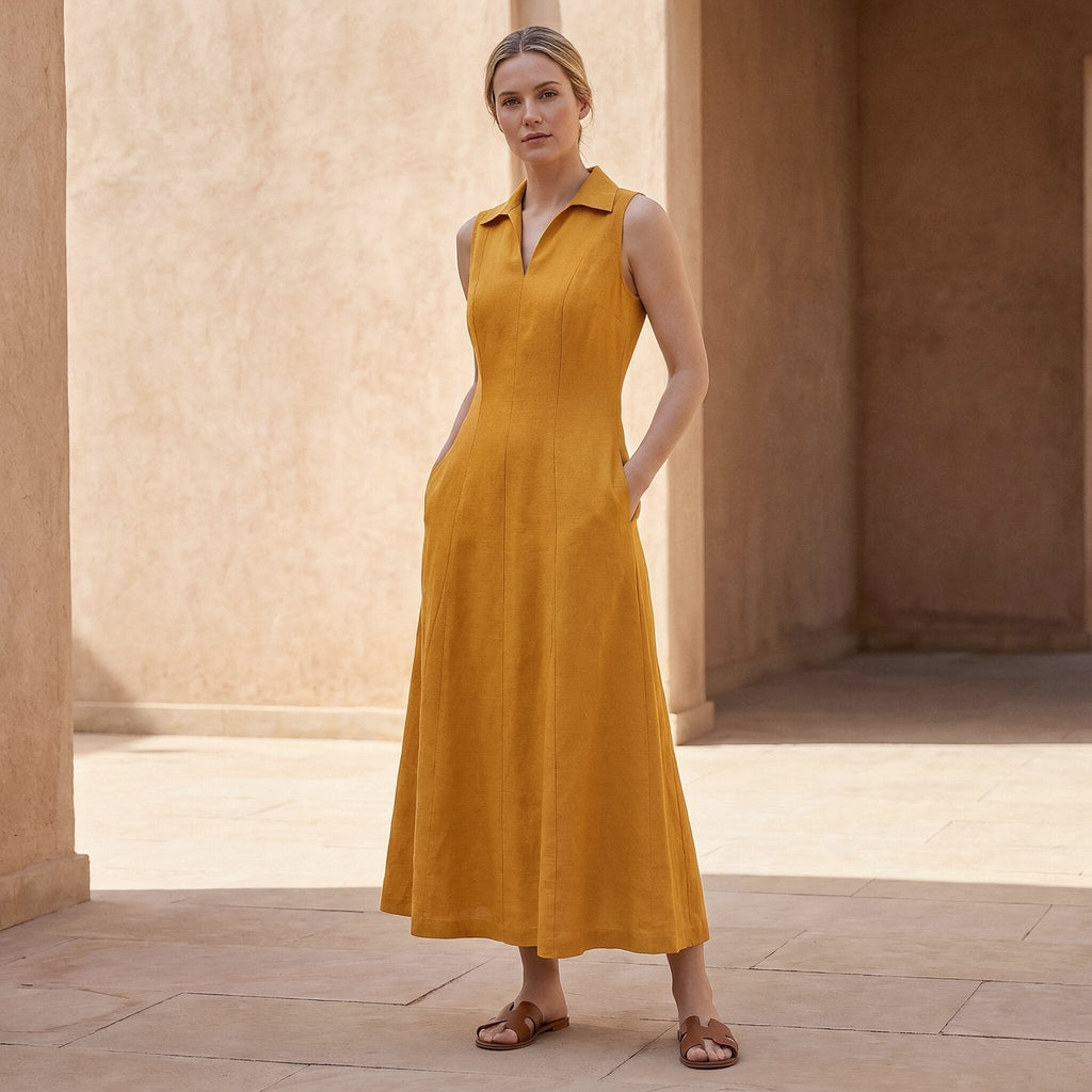Yellow Cotton Flax Paneled Sleeveless Maxi Dress