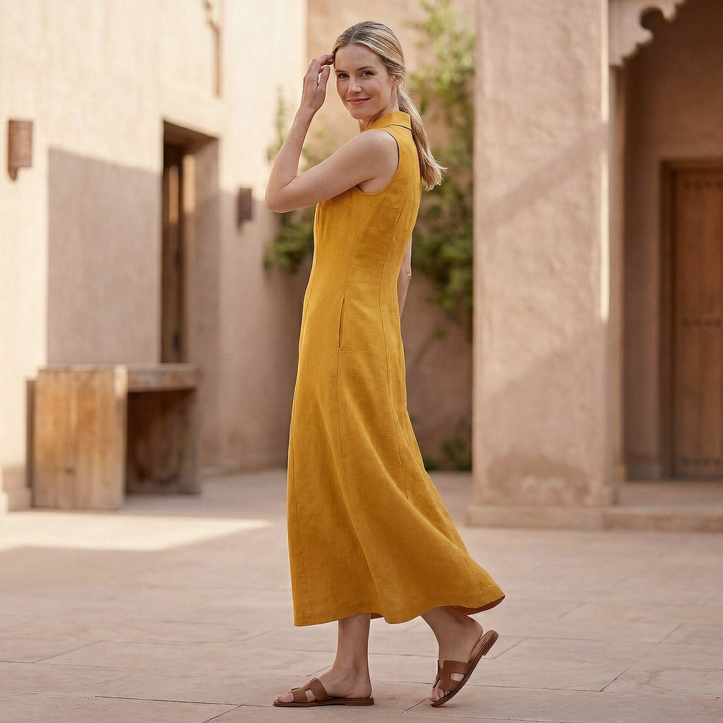 Yellow Cotton Flax Paneled Sleeveless Maxi Dress