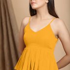 Front Detail of a Model wearing Yellow Cotton Flax V-Neck Pleated Camisole Top