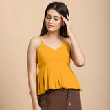 Front View of a Model wearing Yellow Cotton Flax V-Neck Pleated Camisole Top