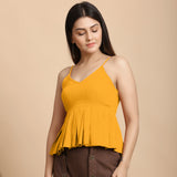 Front View of a Model wearing Yellow Cotton Flax V-Neck Pleated Camisole Top