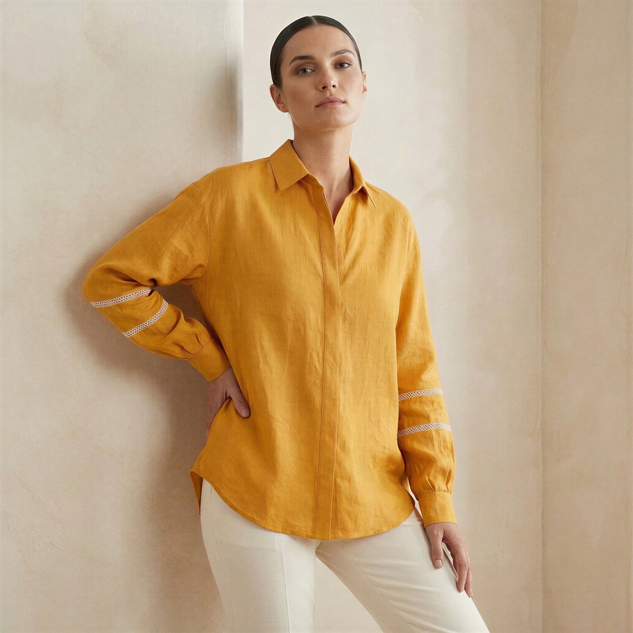 Yellow Cotton Flax Relaxed Full Sleeve Button-Down Shirt