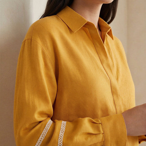 Yellow Cotton Flax Relaxed Full Sleeve Button-Down Shirt