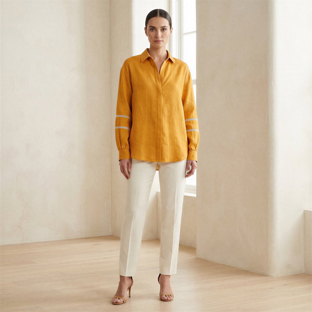 Yellow Cotton Flax Relaxed Full Sleeve Button-Down Shirt