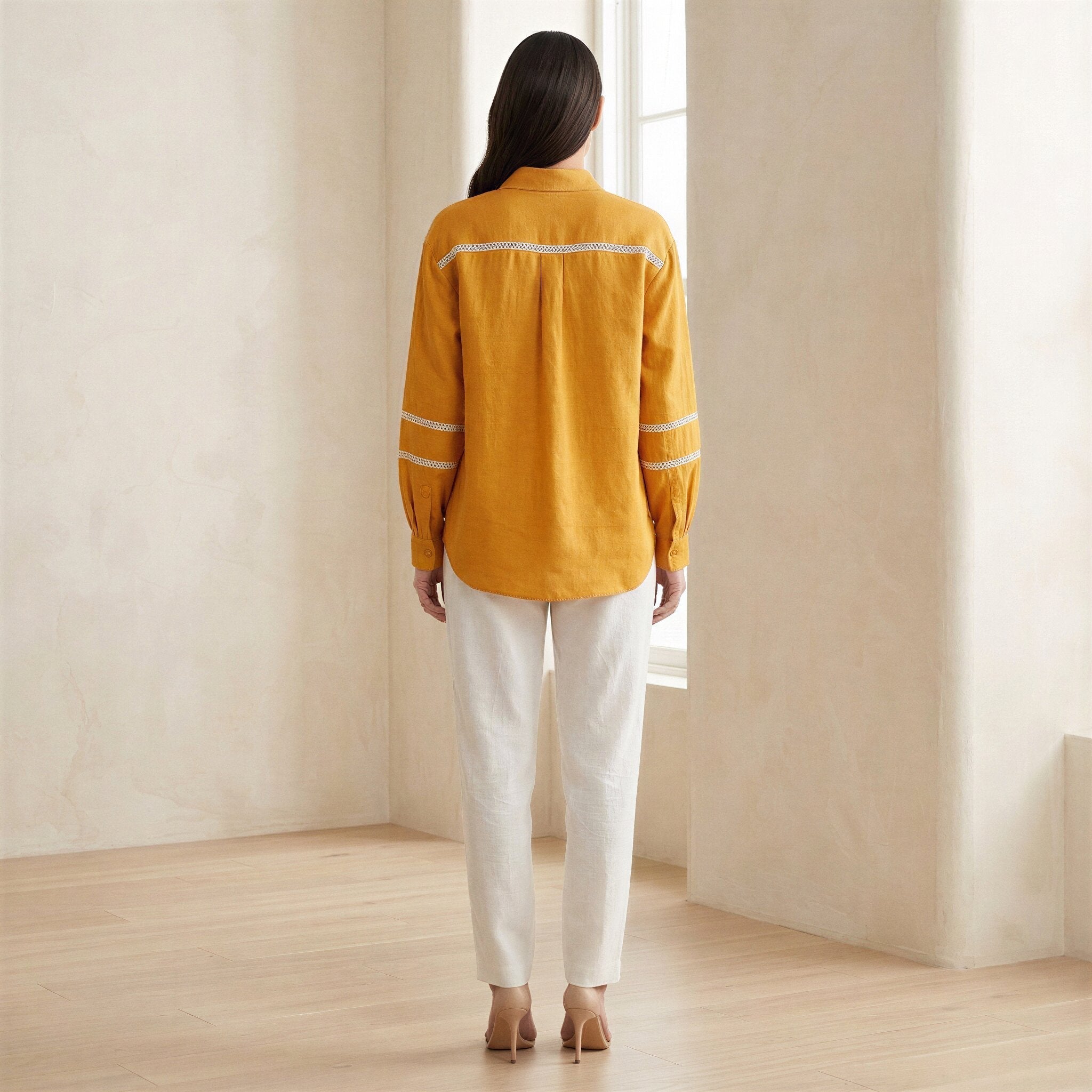 Yellow Cotton Flax Relaxed Full Sleeve Button-Down Shirt