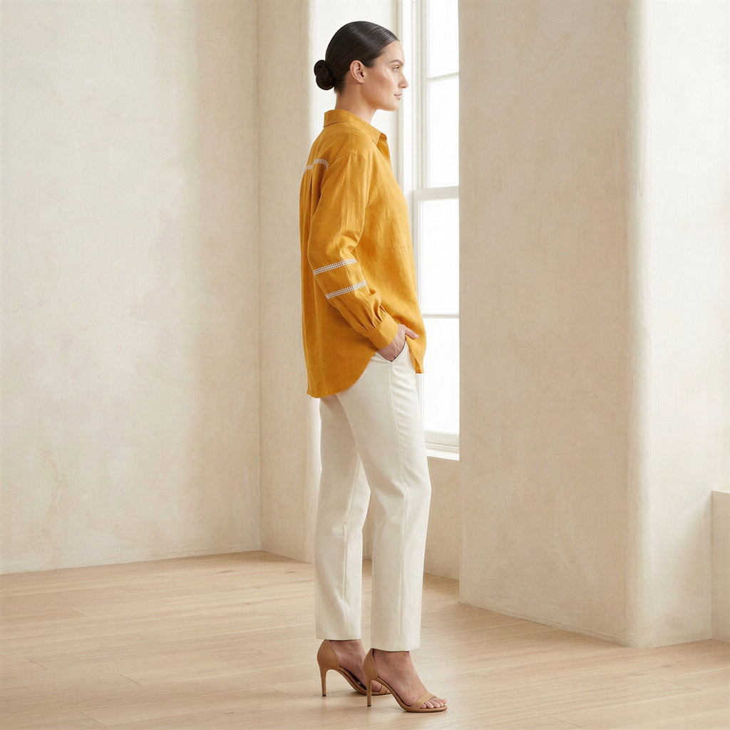Yellow Cotton Flax Relaxed Full Sleeve Button-Down Shirt