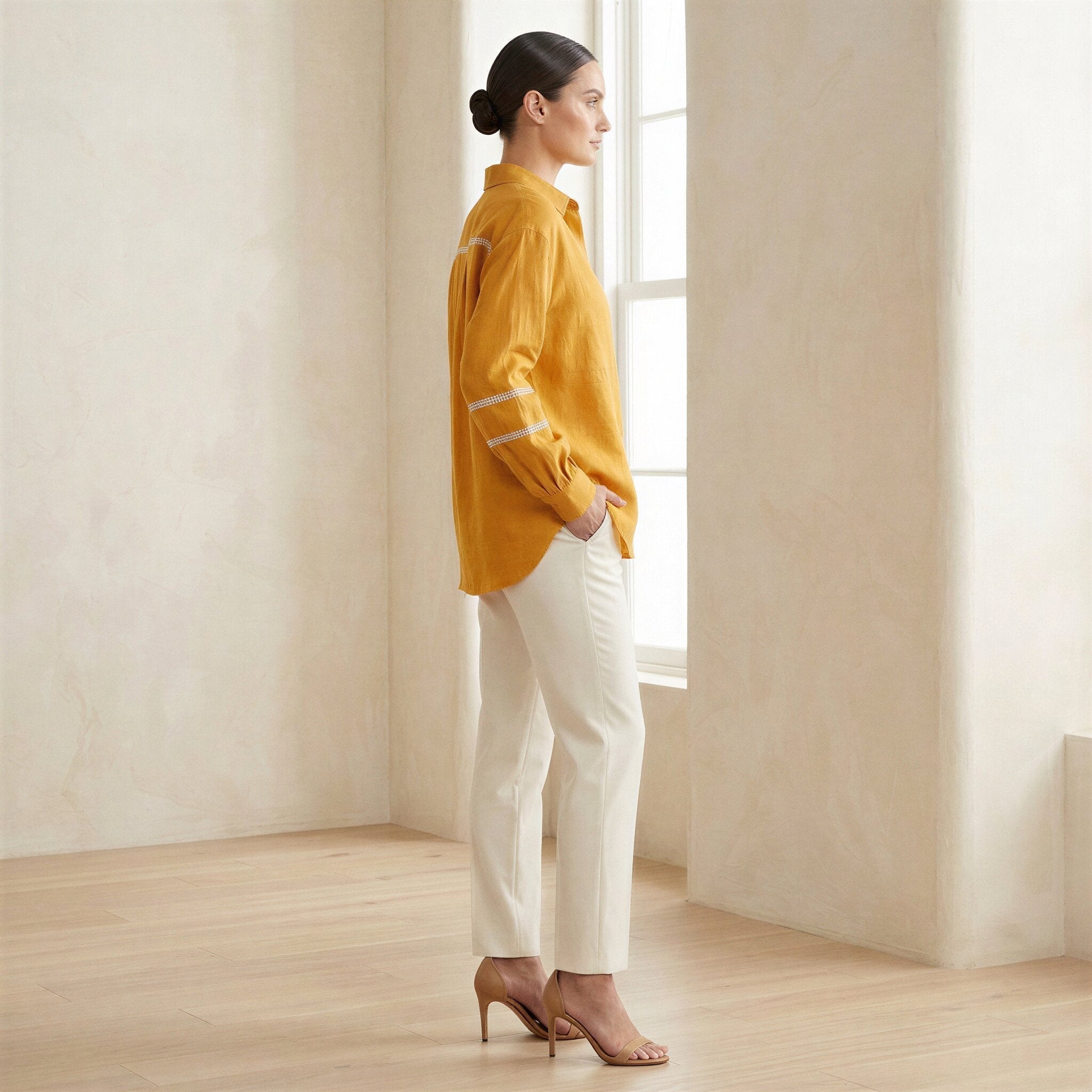 Yellow Cotton Flax Relaxed Full Sleeve Button-Down Shirt