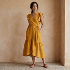 Yellow Cotton Flax Ruffle Midi Wrap Dress