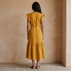 Yellow Cotton Flax Ruffle Midi Wrap Dress