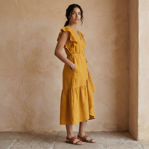 Yellow Cotton Flax Ruffle Midi Wrap Dress