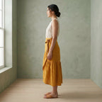 Yellow Cotton Flax Ruffle Midi Wrap Skirt