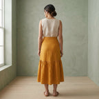 Yellow Cotton Flax Ruffle Midi Wrap Skirt