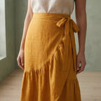 Yellow Cotton Flax Ruffle Midi Wrap Skirt