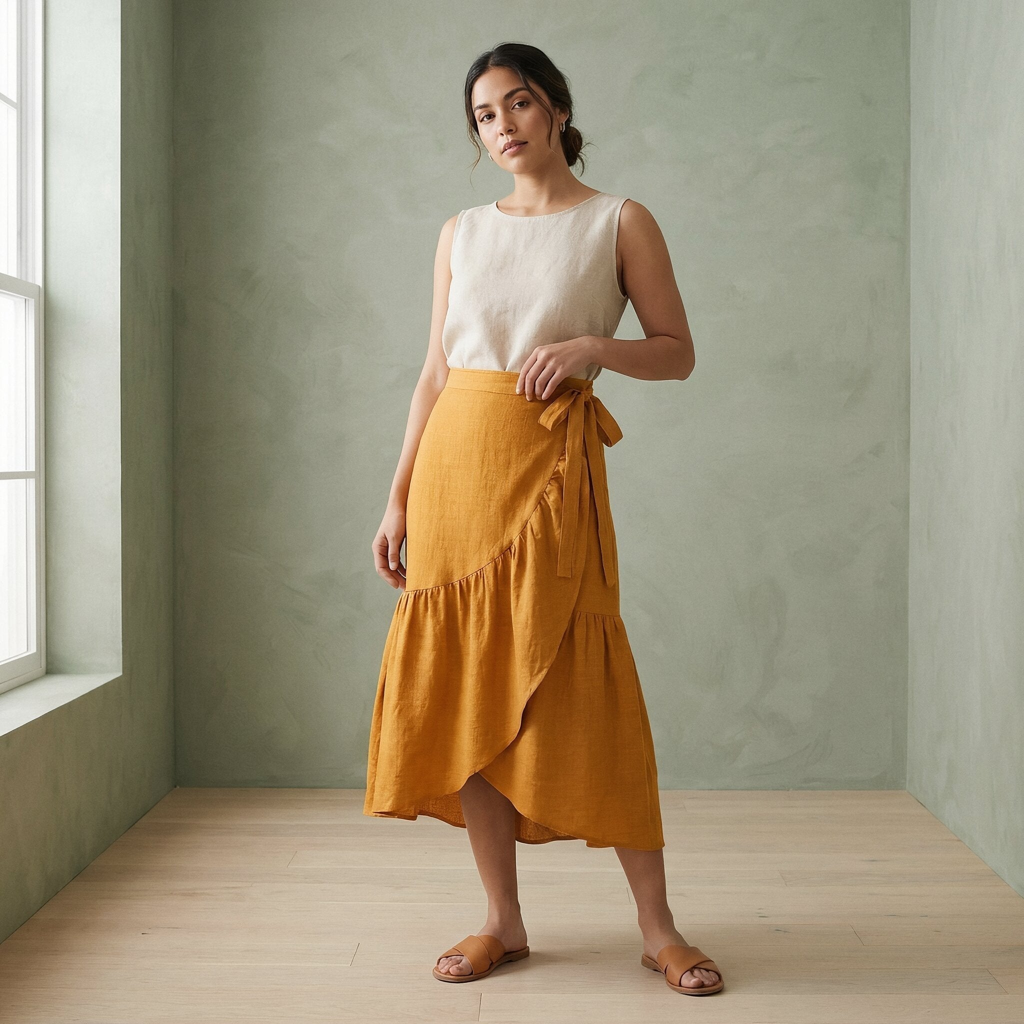 Yellow Cotton Flax Ruffle Midi Wrap Skirt