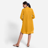 Back View of a Model wearing Yellow Cotton Flax Shirt Dress