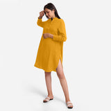 Front View of a Model wearing Yellow Cotton Flax Shirt Dress