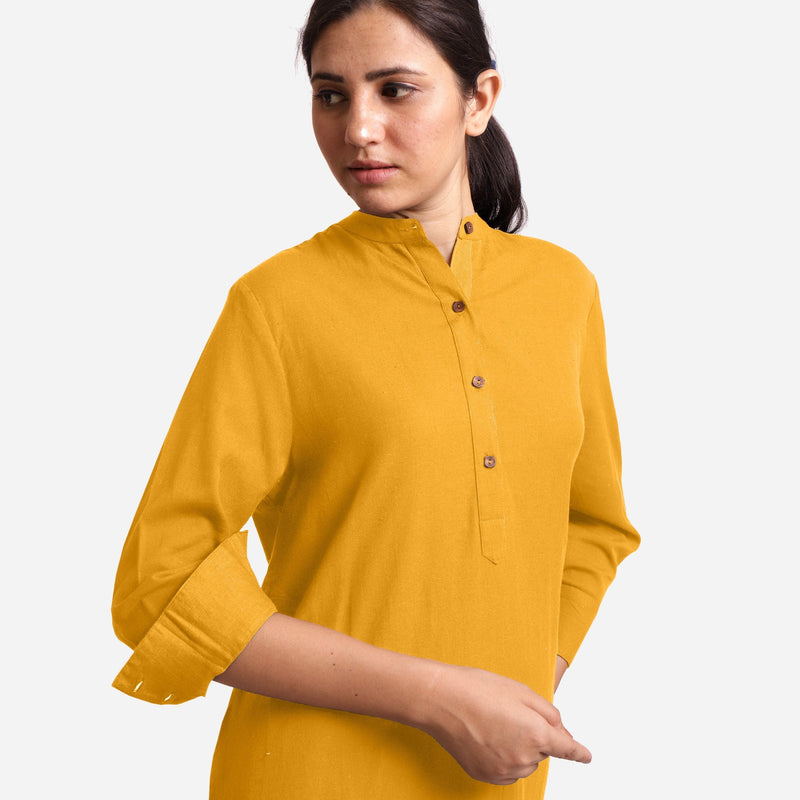Front Detail of a Model wearing Yellow Cotton Flax Shirt Dress