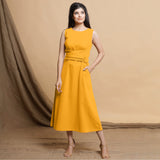 Yellow Cotton Flax Sleeveless A-Line Midi Dress