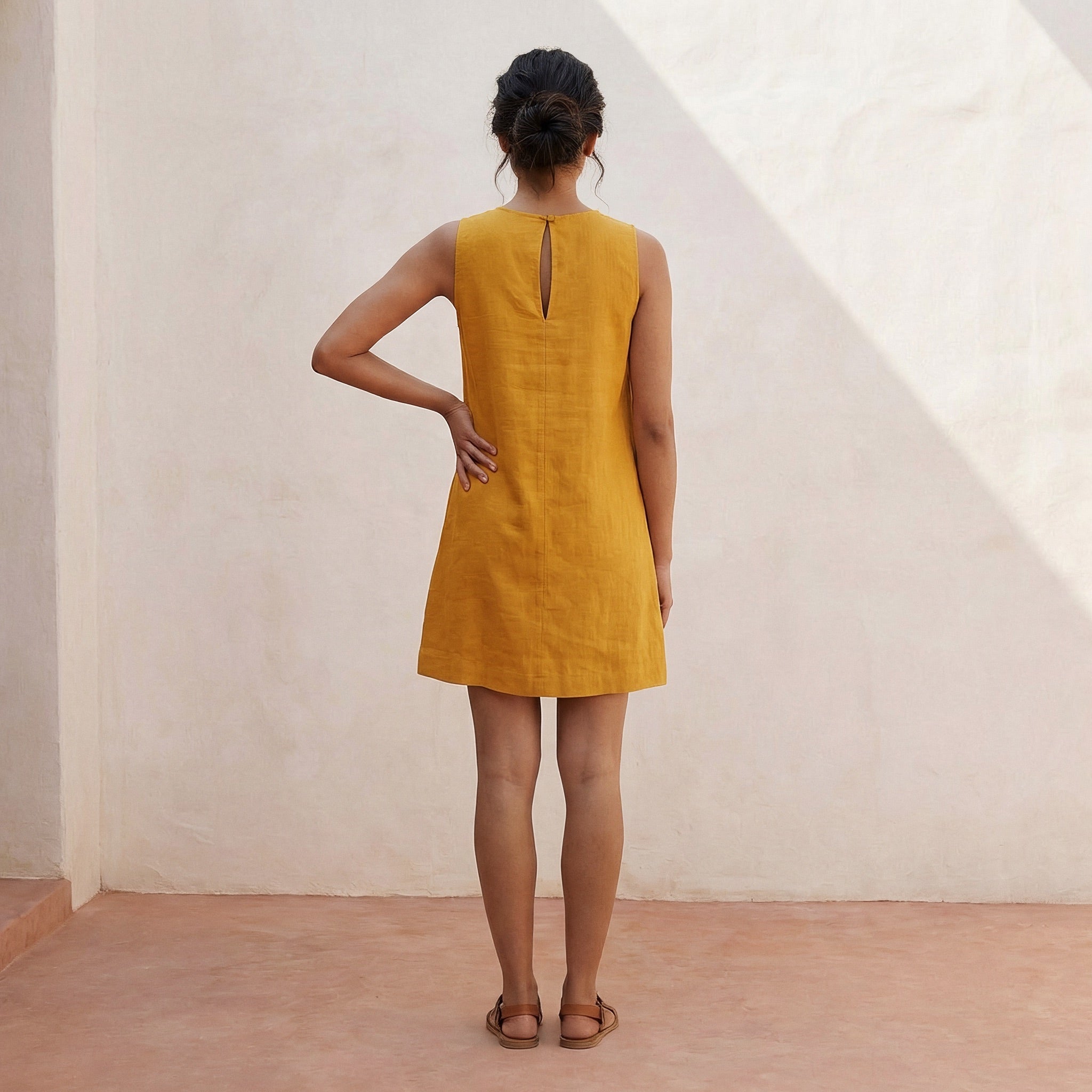 Yellow Cotton Flax Sleeveless A-Line Short Shift Dress