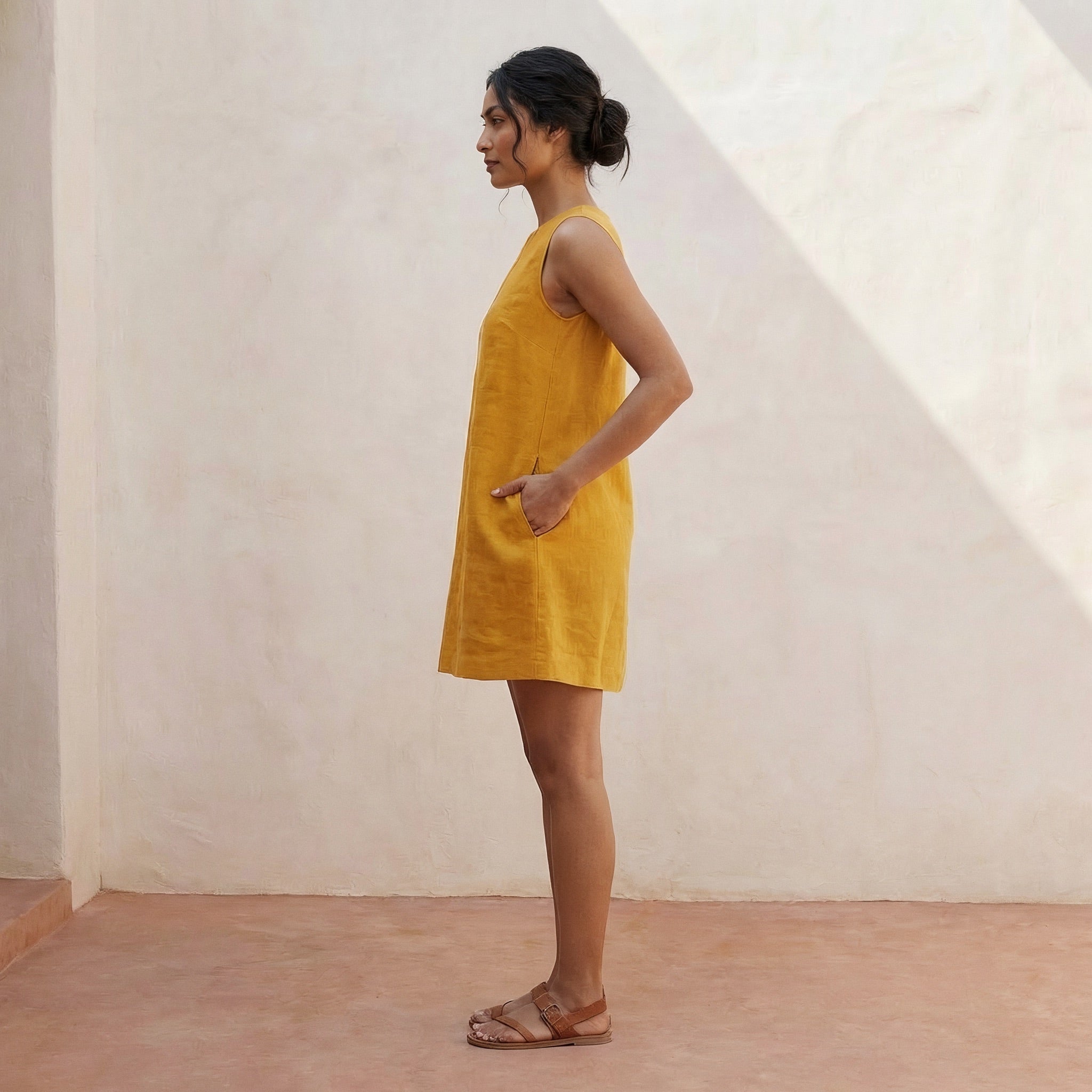 Yellow Cotton Flax Sleeveless A-Line Short Shift Dress