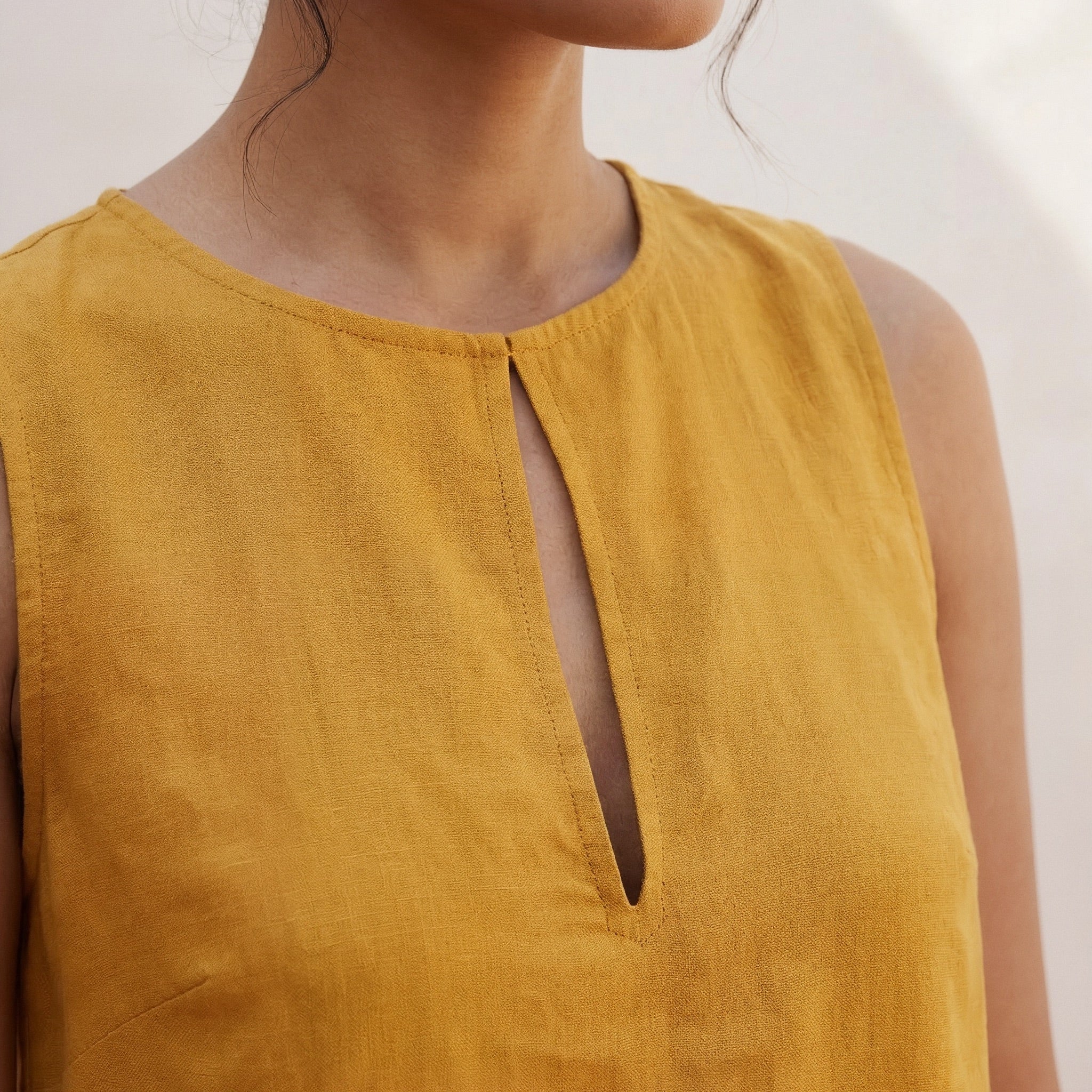 Yellow Cotton Flax Sleeveless A-Line Short Shift Dress