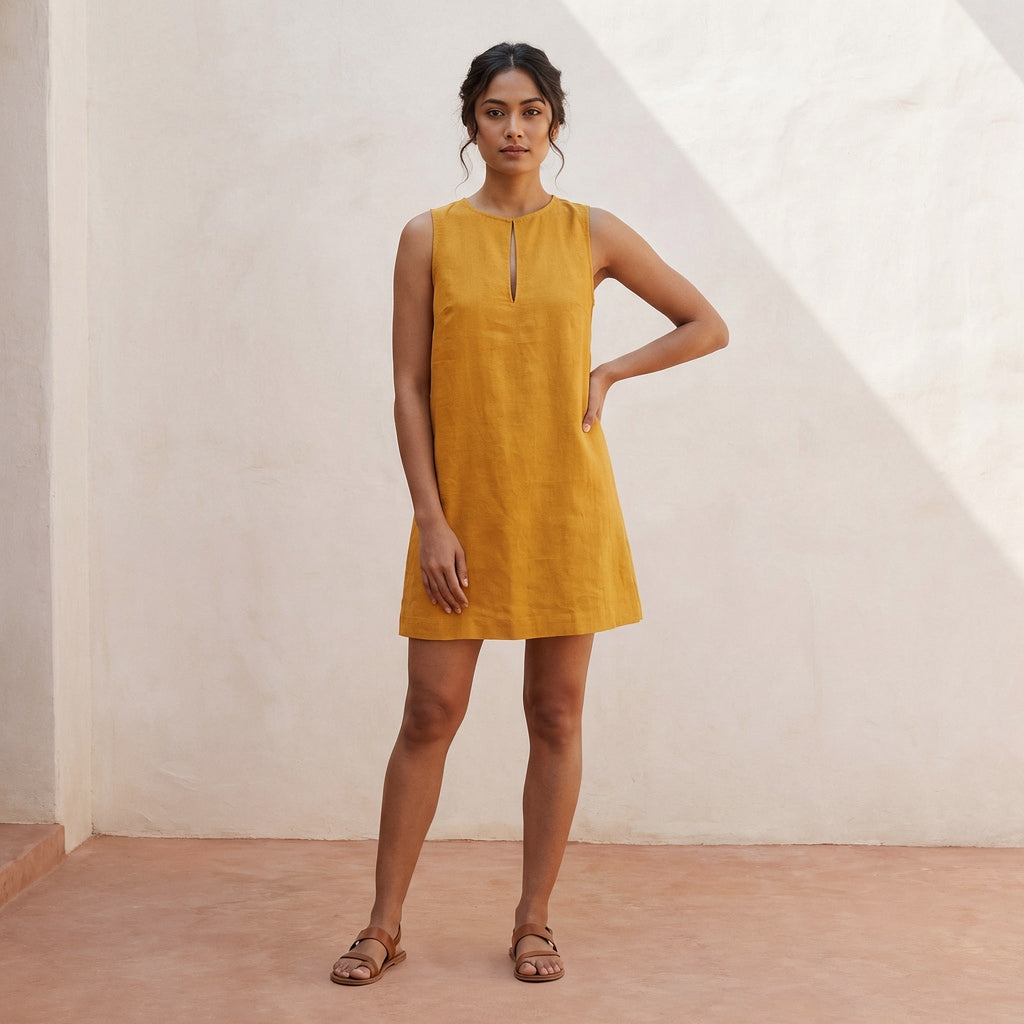 Yellow Cotton Flax Sleeveless A-Line Short Shift Dress
