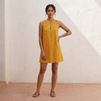 Yellow Cotton Flax Sleeveless A-Line Short Shift Dress