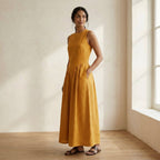 Yellow Cotton Flax Sleeveless Paneled Maxi Dress