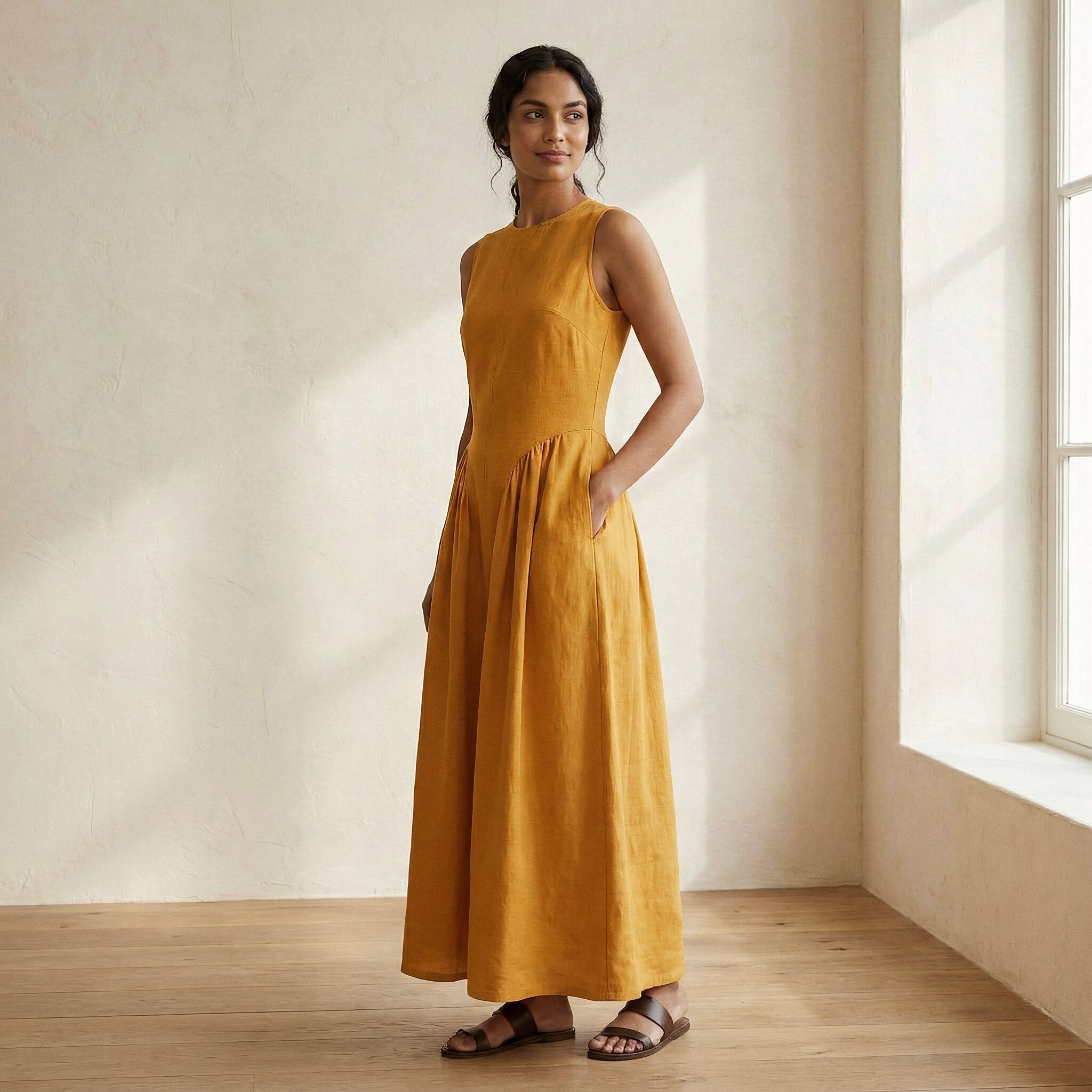 Yellow Cotton Flax Sleeveless Paneled Maxi Dress