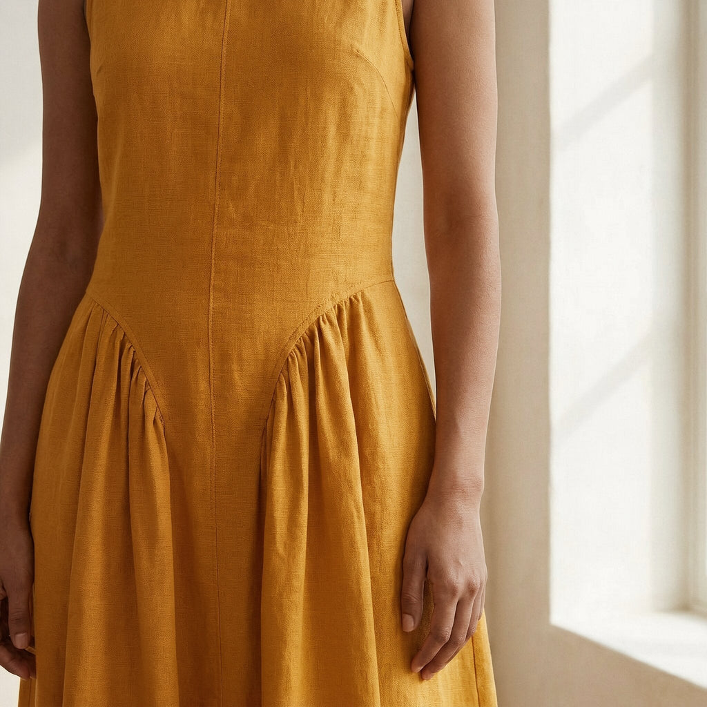 Yellow Cotton Flax Sleeveless Paneled Maxi Dress