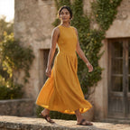 Yellow Cotton Flax Sleeveless Paneled Maxi Dress