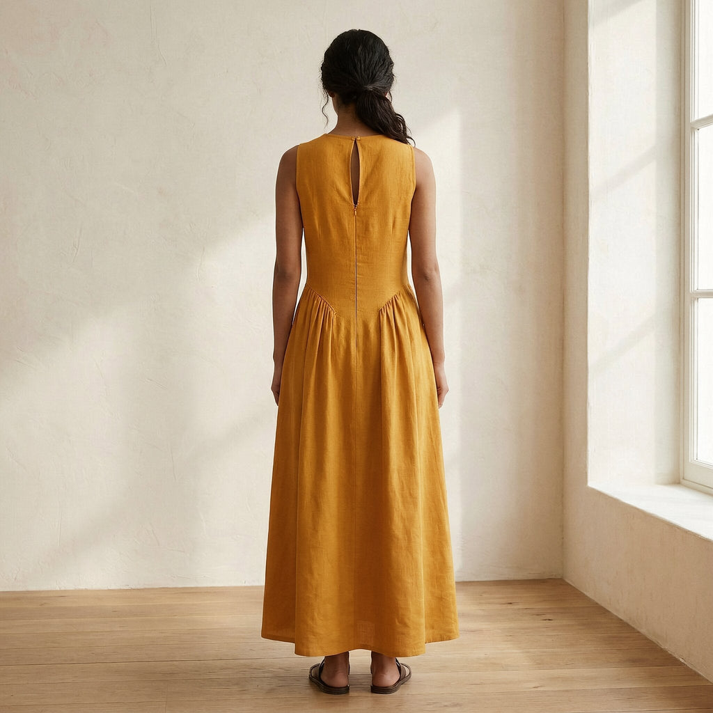 Yellow Cotton Flax Sleeveless Paneled Maxi Dress