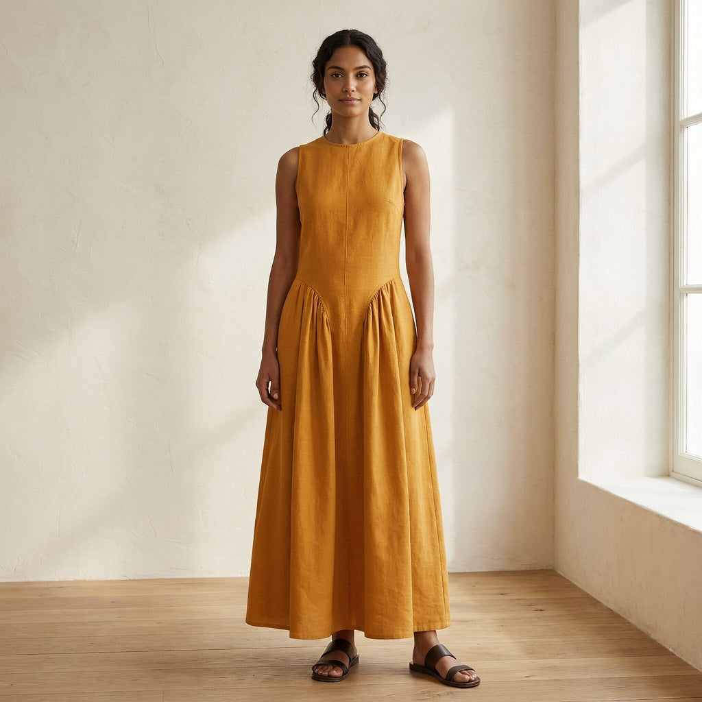 Yellow Cotton Flax Sleeveless Paneled Maxi Dress