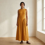 Yellow Cotton Flax Sleeveless Paneled Maxi Dress