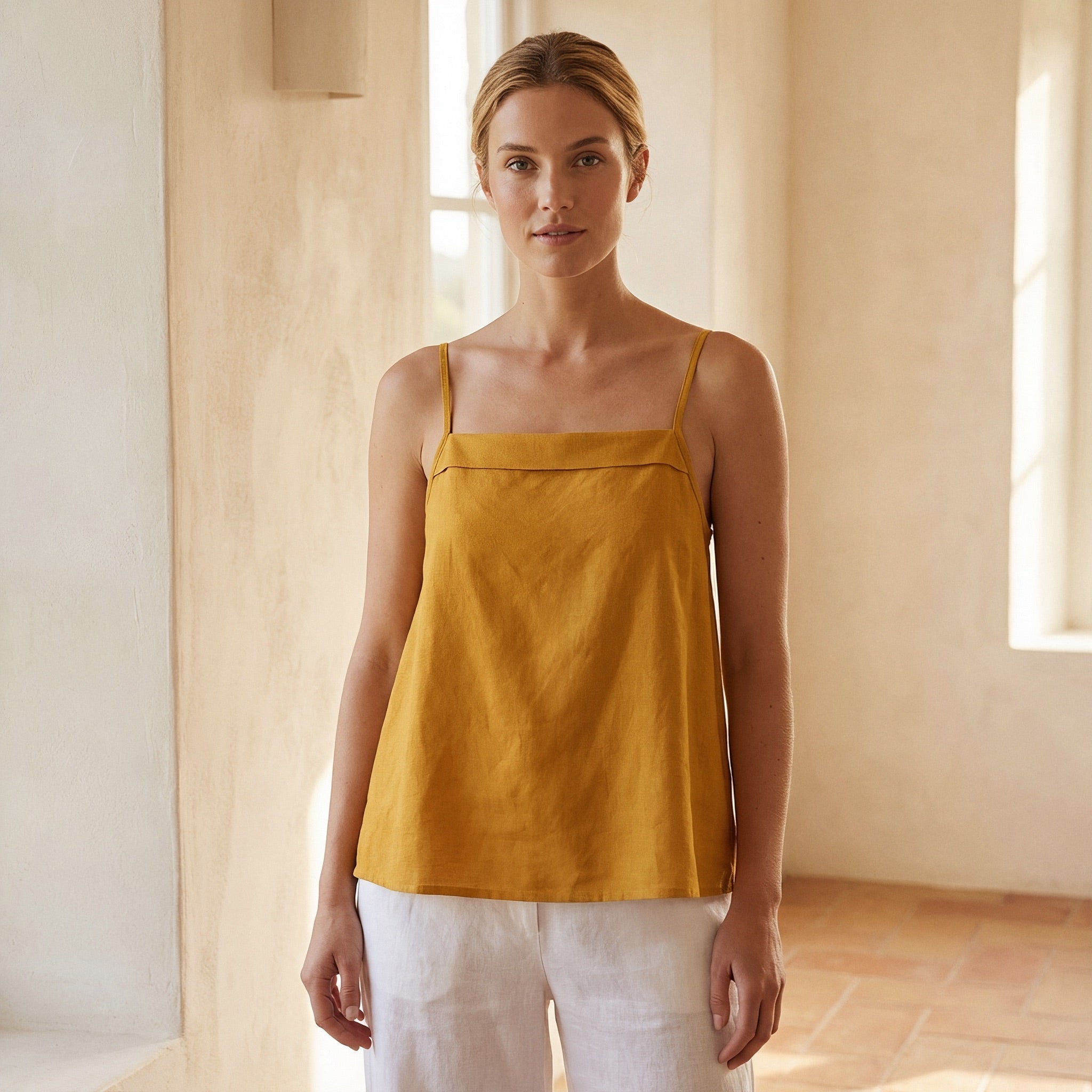 Yellow Cotton Flax Spaghetti Strap Top with Elastic Gathered Back