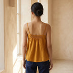 Yellow Cotton Flax Spaghetti Strap Top with Elastic Gathered Back