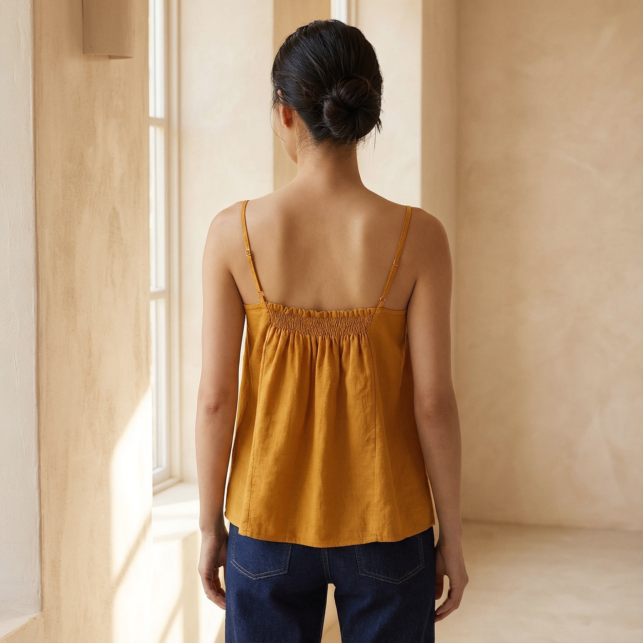 Yellow Cotton Flax Spaghetti Strap Top with Elastic Gathered Back