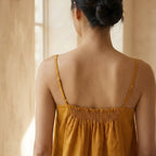 Yellow Cotton Flax Spaghetti Strap Top with Elastic Gathered Back