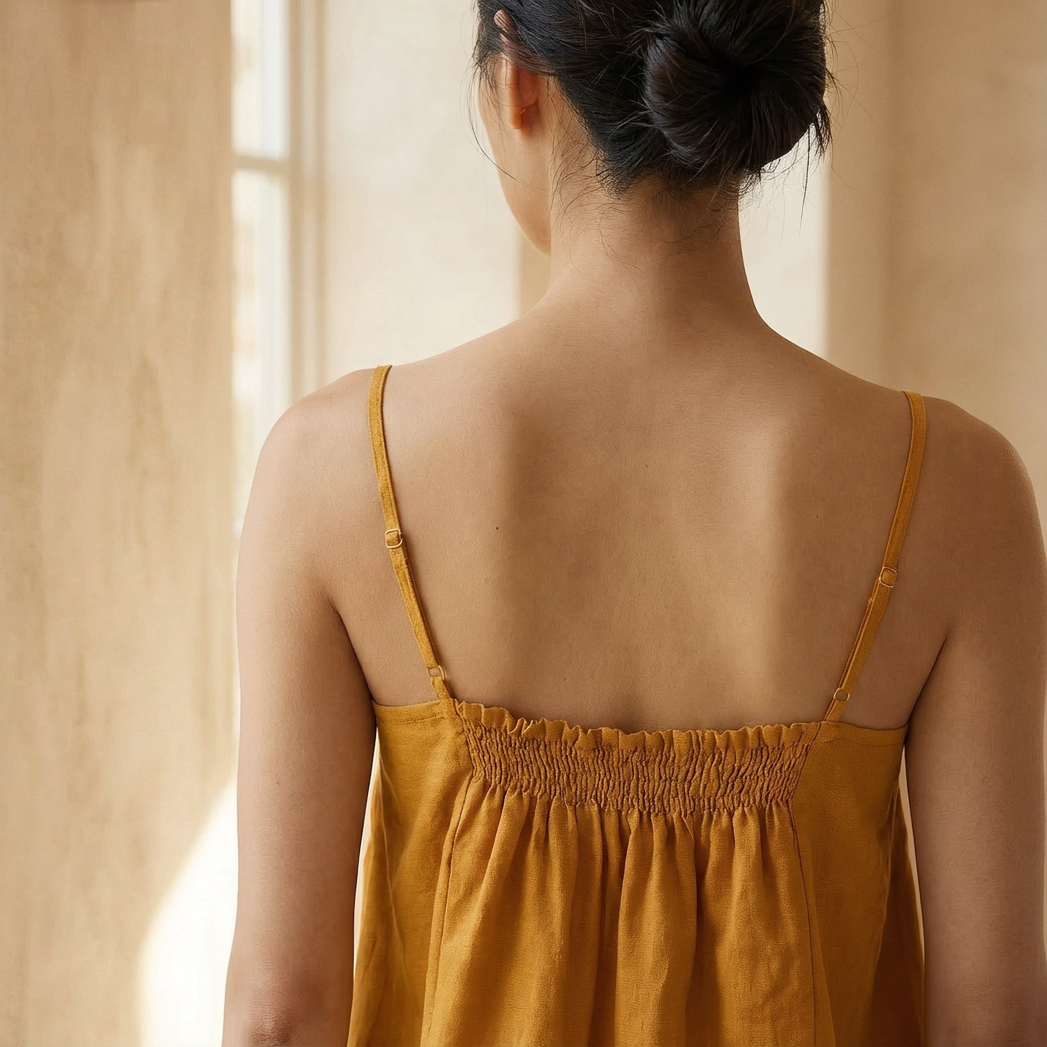 Yellow Cotton Flax Spaghetti Strap Top with Elastic Gathered Back